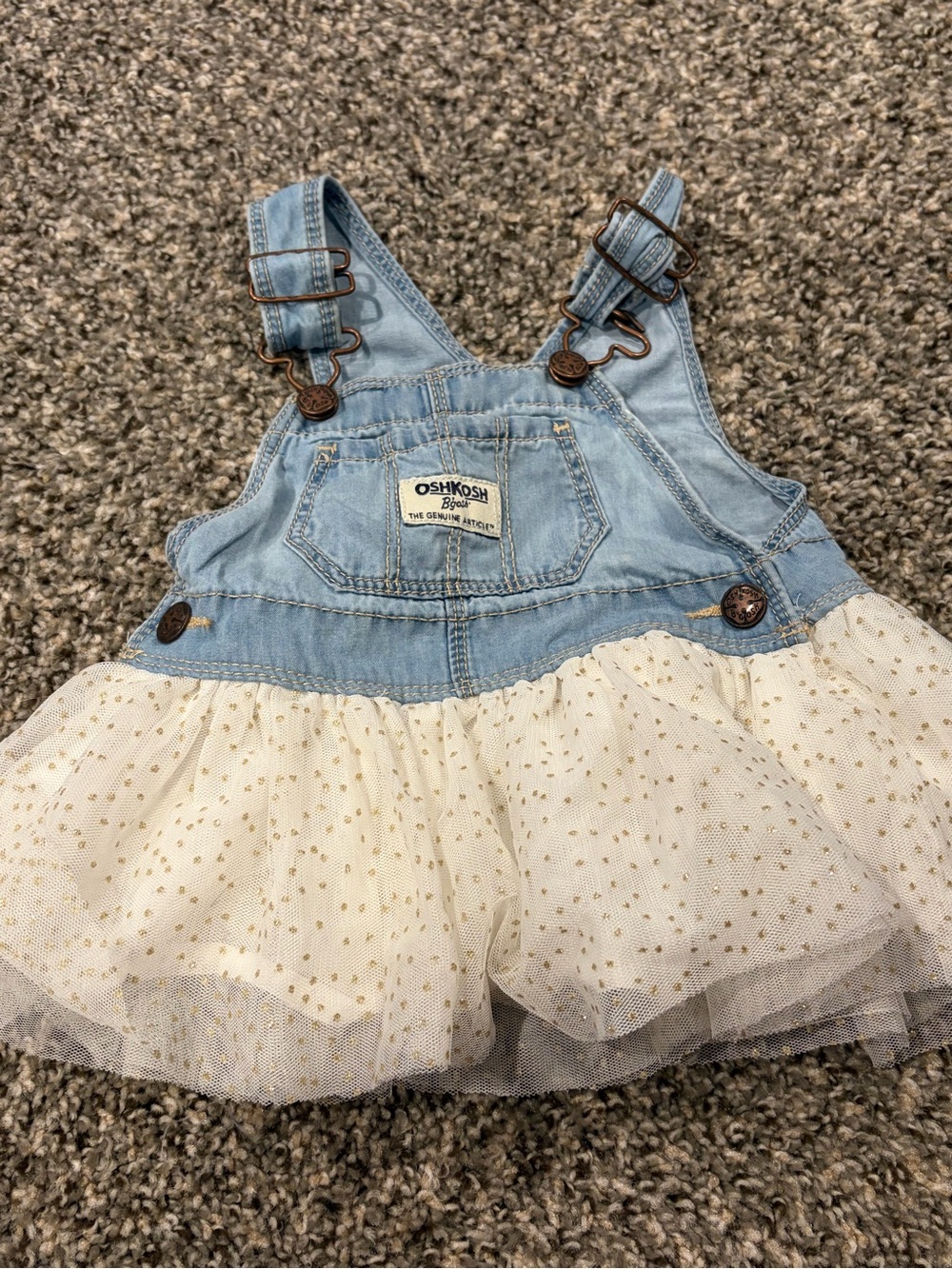 OshKosh B'gosh Light Blue Denim and Cream Tulle Overall Dress | 6 months